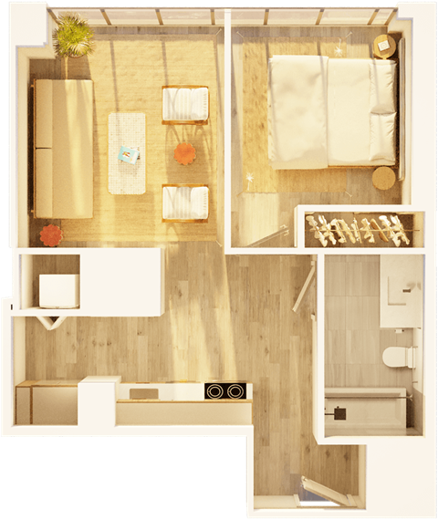 Floor plan for 1 bed, 1 bath, 567 sqft